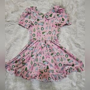 Pink Winter Little Stocking Co Twirl Dress with Festive Print 8